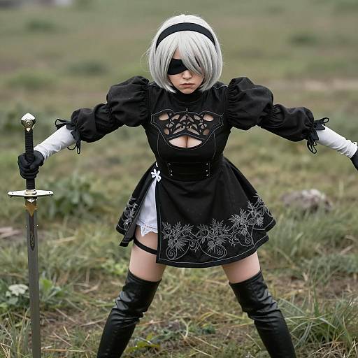 Female Cosplayer in Black Dress and Sword in Field