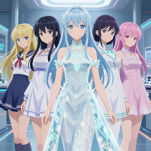 Anime-style digital illustration of five girls with varying hair colors and outfits, standing in a futuristic, neon-lit room. Central blue-haired girl in glowing
