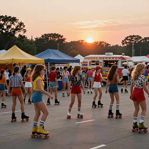 Photograph of a sunset roller skating event with diverse young women in shorts, skirts, and striped socks, surrounded by colorful food trucks and tents.