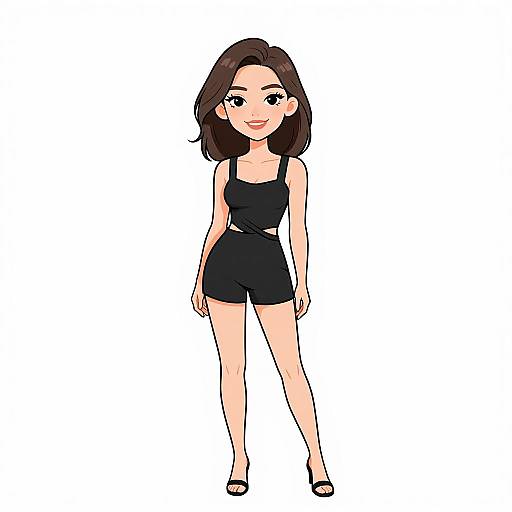 Digital drawing of a young woman with fair skin and dark brown hair, wearing a black sleeveless romper and black sandals, standing against a white background