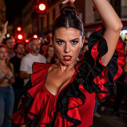 Photograph of a passionate female flamenco dancer with dark hair in an updo, wearing a red and black ruffled dress, raising her arm against