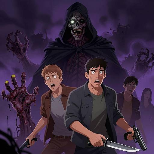 Horror Scene with Zombie and Frightened Men