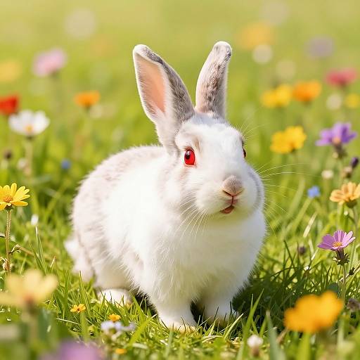 Photograph of a fluffy white rabbit with red eyes standing in a vibrant, sunlit meadow filled with colorful wildflowers.