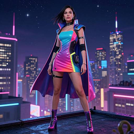 CGI cyberpunk woman in neon dress and cape, standing on rooftop at night, cityscape with neon lights in background.