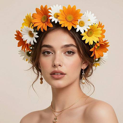 Photograph of a fair-skinned woman with brown eyes, wearing a floral crown of orange and white daisies, gold earrings, and necklace,