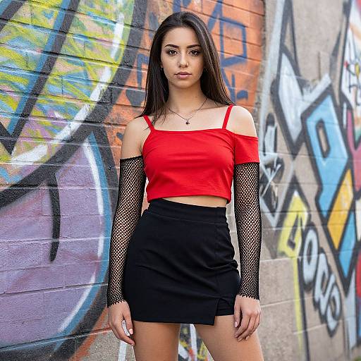 Photograph of a young woman with long dark hair, wearing a red off-shoulder crop top, black fishnet sleeves, and a short black
