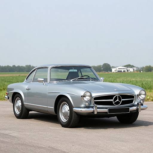 Photograph of a classic silver Mercedes-Benz 300SL convertible parked on a rural road, with green fields and clear sky in the background.
