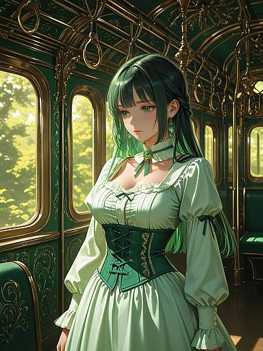 Victorian Style Woman in Emerald Green Dress on Vintage Train