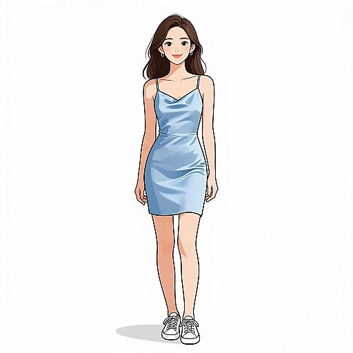 Digital illustration of a smiling woman with long brown hair, wearing a light blue, spaghetti-strap dress and white sneakers, standing against a plain white background