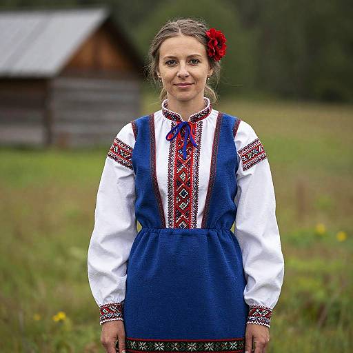 Woman in Slavic Folk Dress with Red Flower