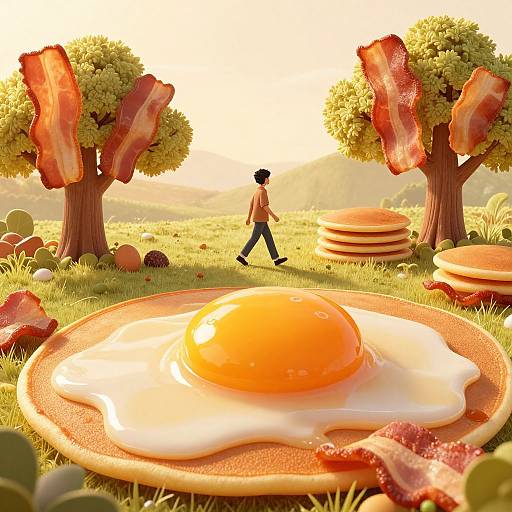 Digital artwork of a sunlit field with trees, bacon strips, pancakes, and a boy walking between stacked pancakes, wearing an orange shirt and black pants