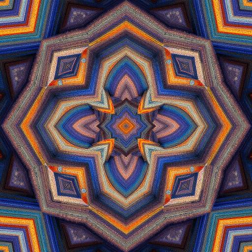 Vibrant, symmetrical digital artwork featuring a complex, kaleidoscopic pattern with orange, blue, and purple geometric shapes, creating a mesmer