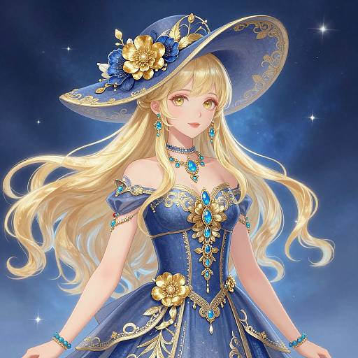 Elegant Blonde Woman in Blue Gown