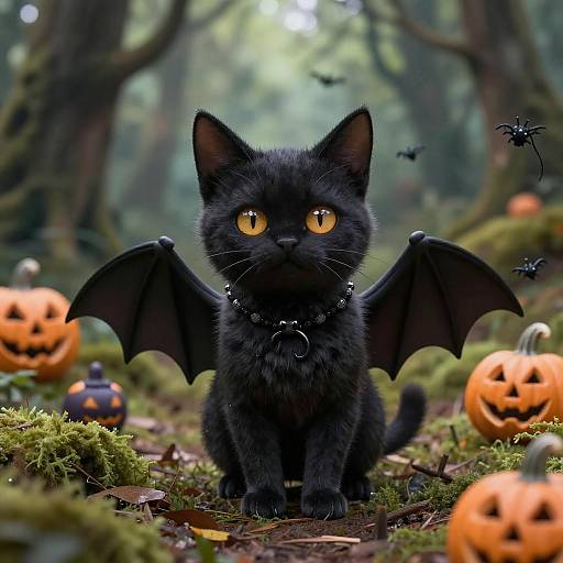 Cute Spooky Bat-Cat in Lush Forest
