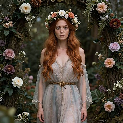Photograph of a fair-skinned, red-haired woman with a floral crown, wearing a sheer, lace-trimmed, off-shoulder gown