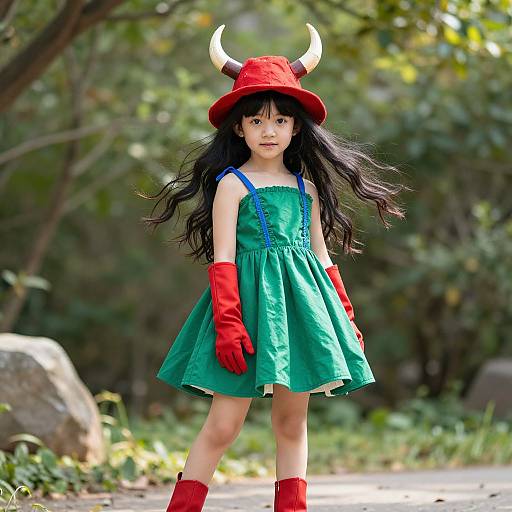 Photograph of an Asian girl with long black hair, wearing a red devil hat with horns, green dress, red gloves, and boots, standing in