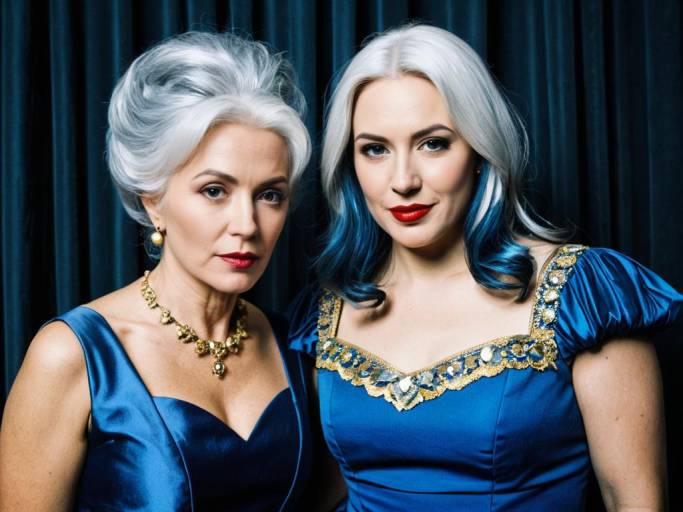 Two Women in Blue Dresses with Silver Hair