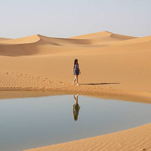 Photograph of a lone child with dark hair in a blue shirt standing in vast, rippled sand dunes beside a still water puddle reflecting their