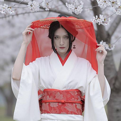 Elegant Young Woman in Cherry Blossom Setting