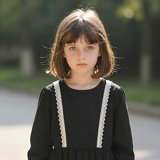 Portrait of Young Girl in Black Dress with Lace Trim