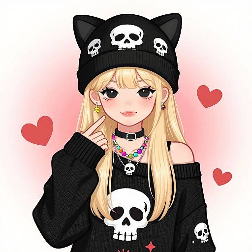 Anime-style digital drawing of a blonde girl with long hair, black skull hat, off-shoulder skull sweater, colorful necklace, cat ears, and