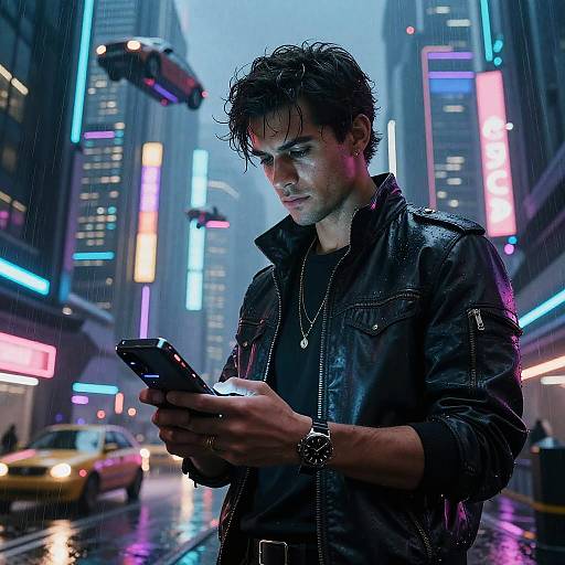 Neon-lit, rainy urban street; wet-haired, dark-haired man in black leather jacket, black shirt, looking at phone. Yellow taxis,