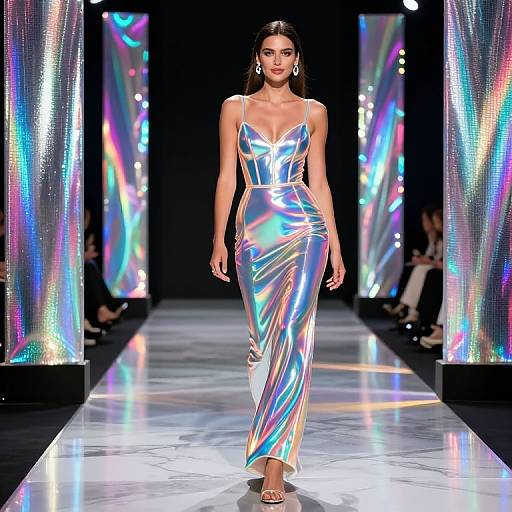 Photograph of a woman in a shimmering, iridescent silver dress with a deep V-neck, walking a futuristic runway with colorful, reflective columns