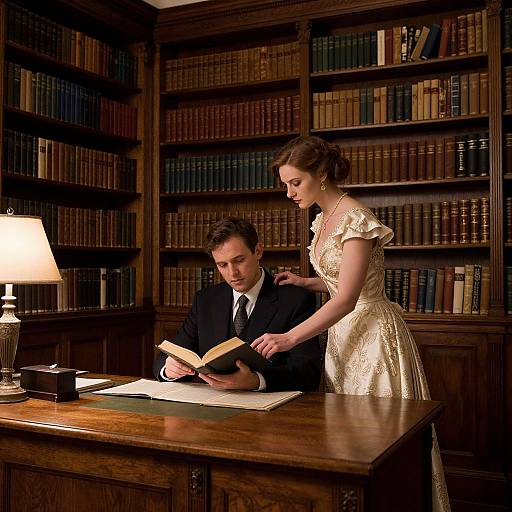 Photograph of a man in a black suit reading a book, while a woman in an elegant white dress stands beside him, in a dimly lit
