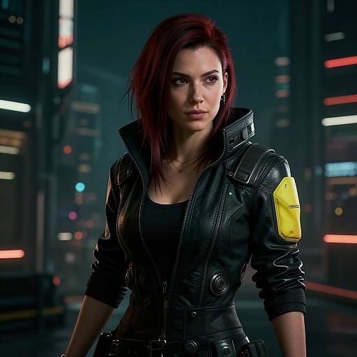 Digital artwork of a serious, red-haired woman in a black leather jacket with yellow patch, standing in a neon-lit, futuristic city street at night