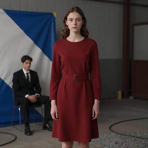 Young Woman in Red Dress in Industrial Setting