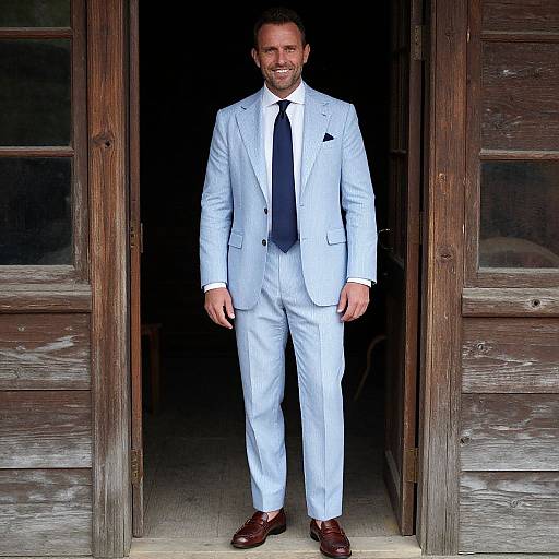 Photograph of a smiling, bearded man in light blue pinstripe suit, white shirt, navy tie, and brown leather shoes, standing in