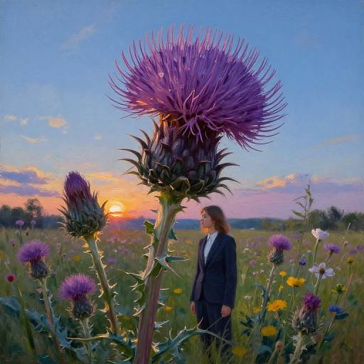 Photograph of a woman in a black suit standing in a vibrant field of thistle flowers during a stunning sunset, with a large purple thistle in