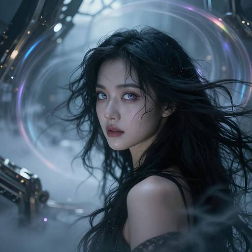 Digital artwork of a pale-skinned, blue-eyed woman with long, disheveled black hair, gazing intently, set against a futuristic,