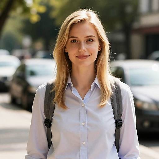 Smiling Blonde Woman in Outdoor Scene
