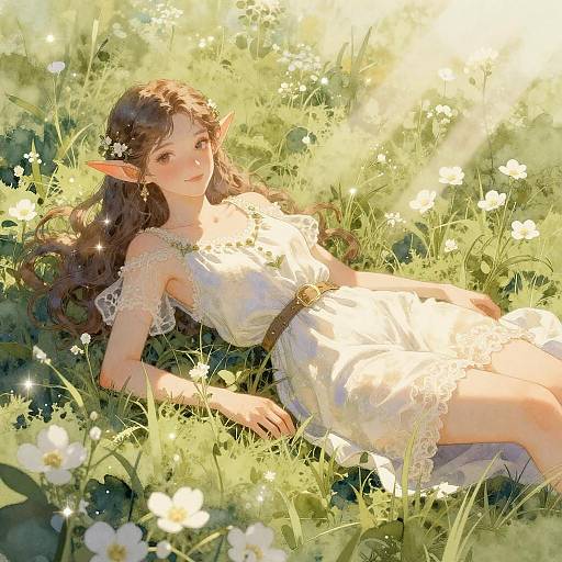 Elf Adventurer Lying in Flower Field