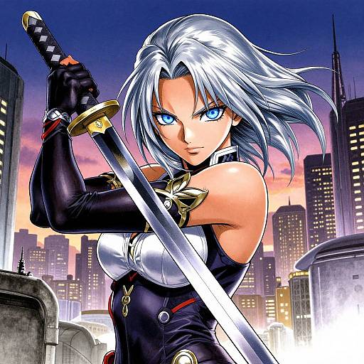 Digital anime-style drawing of a fierce silver-haired woman with blue eyes, holding a sword, wearing black gloves and armor, against a sunset city skyline.