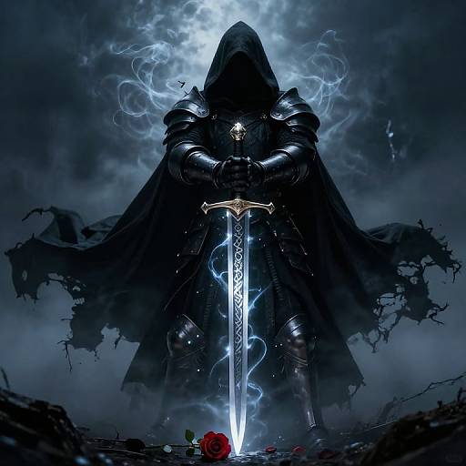 Dark, ominous knight in black armor with hood, glowing sword, surrounded by smoke and lightning, standing over red roses. Digital art.