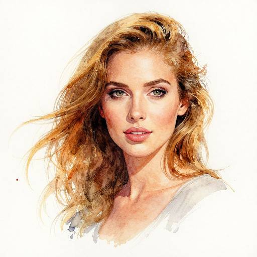 Digital watercolor portrait of a beautiful woman with wavy, blonde hair, green eyes, and light makeup, wearing a white top, against a white
