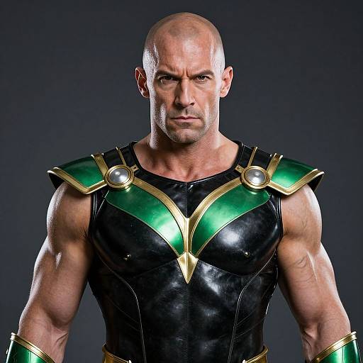 Photograph of a bald, muscular man with a serious expression, wearing a black, shiny, sleeveless armor with green and gold accents. Dark background
