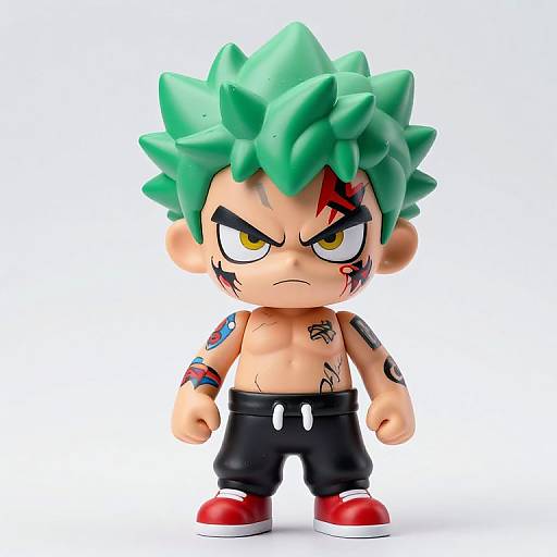 Photograph of a chibi-style action figure with green spiky hair, yellow eyes, black tattoos, and black pants, standing against a white background