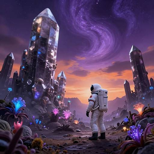 Photorealistic CGI of an astronaut in a white spacesuit standing on a vibrant, alien landscape with glowing plants, towering crystal spires, and a