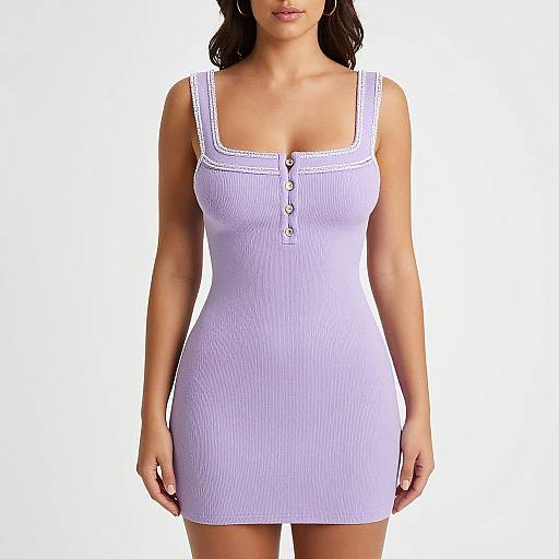 Photograph of a woman in a form-fitting, ribbed, white tank dress with square neckline and button details, standing against a plain white background