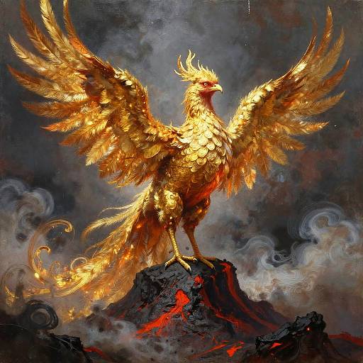 Digital painting of a radiant, golden phoenix with fiery feathers, standing on a dark, rocky peak amidst swirling gray and red smoke.