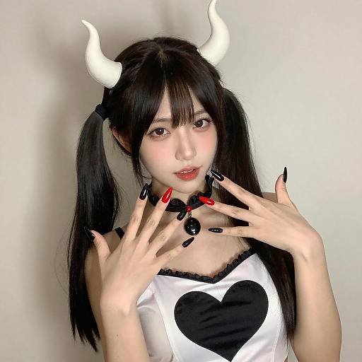 Playful Asian Woman in Devil Costume