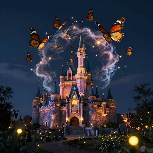 Fantasy Castle with Glowing Butterflies and Fireflies