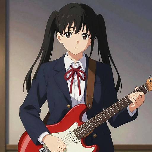Anime-style digital drawing of a black-haired girl with twin ponytails, wearing a navy blazer and red ribbon, playing a red electric guitar.