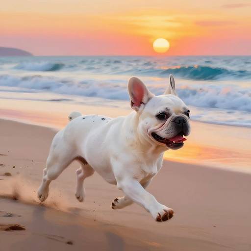 Photograph of a white French Bulldog with black spots running on a sandy beach at sunset, waves in the background, and a vibrant orange and pink