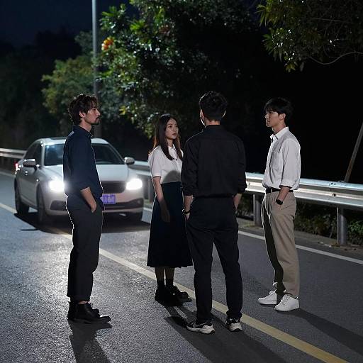 Moonlit Road Gathering of Four Figures