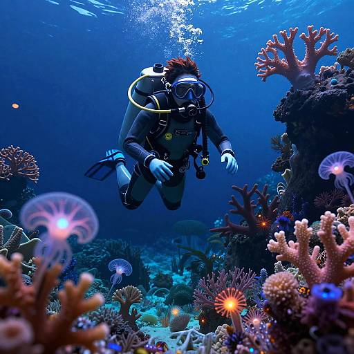 Photograph of a scuba diver with oxygen tank and mask, surrounded by vibrant underwater corals and glowing jellyfish in a deep blue ocean.
