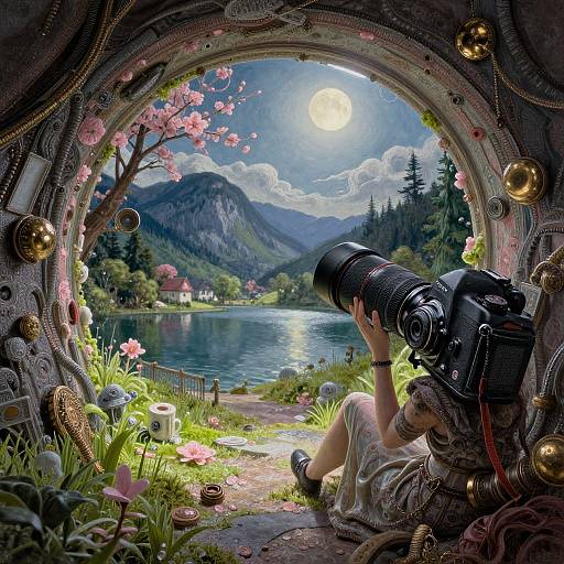 Photograph-like digital art: Photographer with camera, sitting inside a circular, flower-adorned, metallic frame, overlooking a moonlit lake, mountains